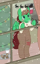 Size: 1896x3000 | Tagged: anthro, artist:zombineko, blushing, christmas, christmas lights, christmas tree, clothes, cookie, deer, derpibooru import, diaper, food, footed sleeper, holiday, milk, oc, oc:northern haste, pajamas, reindeer, safe, santa claus, solo, toddler, tree, unguligrade anthro, unofficial characters only, window, ych result