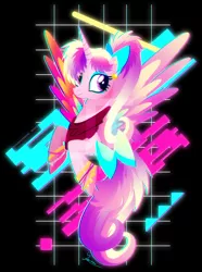 Size: 600x806 | Tagged: safe, artist:ii-art, derpibooru import, princess cadance, alicorn, pony, 80s, abstract background, bow, bust, female, hair bow, mare, smiling, solo, synthwave, vaporwave