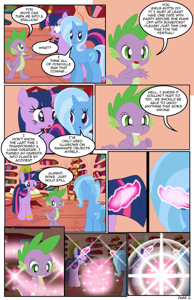 Size: 792x1224 | Tagged: safe, artist:dekomaru, derpibooru import, spike, trixie, twilight sparkle, dragon, pony, comic:the greatest gift, comic, female, golden oaks library, lesbian, magic, shipping, transformation, twixie