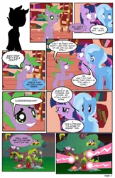 Size: 792x1224 | Tagged: safe, artist:dekomaru, derpibooru import, spike, trixie, twilight sparkle, ponified, pony, comic:the greatest gift, comic, dragon to pony, female, golden oaks library, lesbian, magic, ponified spike, shipping, transformation, twixie