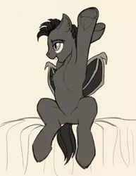 Size: 1566x2026 | Tagged: safe, artist:lunebat, derpibooru import, oc, unofficial characters only, bat pony, buff, colt, male, monochrome, morning ponies, muscles, sketch, solo, stretching