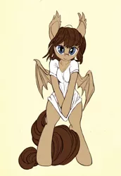 Size: 1607x2336 | Tagged: suggestive, alternate version, artist:lunebat, derpibooru import, oc, oc:lunette, unofficial characters only, anthro, bat pony, unguligrade anthro, anthro oc, arm hooves, bat pony oc, blushing, breasts, bust, cleavage, clothes, covering, cute, female, looking at you, mare, no pants, portrait, self-potrait, shirt, shirt pull, t-shirt