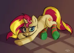 Size: 1400x1000 | Tagged: safe, artist:hardbrony, derpibooru import, sunset shimmer, pony, unicorn, clothes, cute, female, looking at you, mare, shimmerbetes, smiling, socks, solo, striped socks