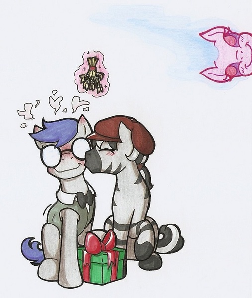 Size: 592x701 | Tagged: safe, artist:ravenpuff, deleted from derpibooru, derpibooru import, oc, oc:haas, oc:puzzle piece, oc:solitaire, unofficial characters only, bat pony, zebra, blushing, clothes, female, glasses, kissing, magic, male, mistletoe, oc x oc, shipping, stallion, straight, traditional art, zebra oc