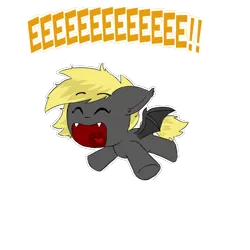 Size: 800x800 | Tagged: safe, artist:sanyo2100, derpibooru import, oc, unofficial characters only, bat pony, pony, cute, eeee, exclamation point, eyes closed, fangs, female, filly, floppy ears, jumping, mini, open mouth, screaming, screech, simple background, smiling, solo, spread wings, transparent background, underhoof, wings