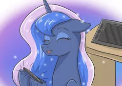 Size: 4092x2893 | Tagged: safe, artist:sumin6301, derpibooru import, princess luna, alicorn, pony, drawing tablet, eyes closed, female, mare, smiling, solo, table, tablet pen