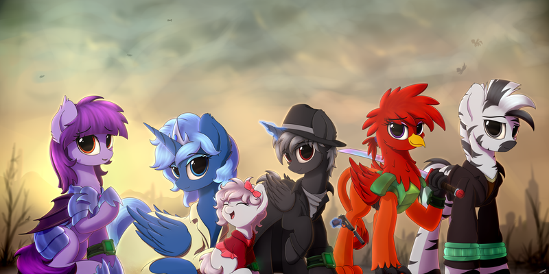 Size: 7000x3500 | Tagged: safe, artist:avastin4, derpibooru import, oc, oc:fast times, oc:platinum glitter, oc:princess jade, oc:valkyrie bloodtail, oc:witching hour, oc:zed, unofficial characters only, alicorn, bat pony, earth pony, gryphon, pony, zebra, fallout equestria, fallout equestria: commonwealth, fanfic, alicorn oc, artificial alicorn, bat pony oc, bat wings, blank flank, blue alicorn (fo:e), dead tree, eyes closed, fallout 4, fanfic art, fangs, female, filly, foal, group photo, gun, handgun, high res, hooves, horn, lying down, magic, male, mare, open mouth, pipbuck, pistol, prone, sitting, stallion, standing, tree, wasteland, weapon, wings