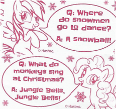 Size: 231x217 | Tagged: safe, derpibooru import, pinkie pie, rainbow dash, christmas cracker, joke, monochrome, official, scan