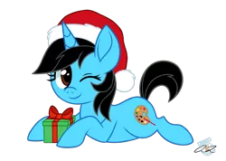 Size: 1534x1090 | Tagged: safe, artist:iheartjapan789, derpibooru import, oc, unofficial characters only, pony, unicorn, christmas, female, hat, holiday, mare, one eye closed, present, santa hat, simple background, solo, transparent background, wink