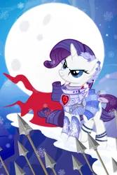 Size: 667x1000 | Tagged: armor, army, artist:pixelkitties, crystal, derpibooru import, female, flag, mare, moon, night, rarity, safe, sky, snow, spear, weapon, winter