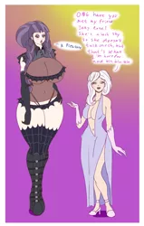 Size: 956x1500 | Tagged: artist:annon, bimbo, breasts, busty inky rose, busty lily lace, clothes, derpibooru import, dialogue, height difference, human, humanized, inky rose, lily lace, panties, suggestive, thong, underwear
