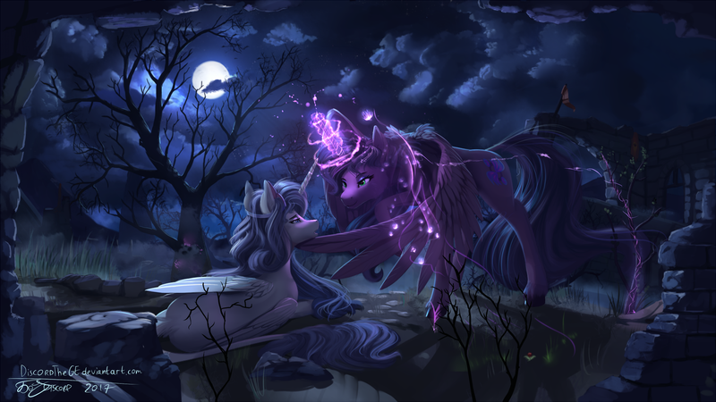 Size: 1920x1080 | Tagged: safe, artist:discordthege, derpibooru import, oc, oc:aurora, oc:iridae, unofficial characters only, alicorn, pony, alicorn oc, commission, dark, duo, female, full moon, glowing horn, looking at each other, magic, mare, moon, night, ruins, scenery, scenery porn, signature, tree, water