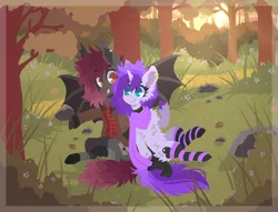 Size: 1700x1300 | Tagged: safe, artist:tenebristayga, derpibooru import, oc, oc:bottom out, oc:coin flip, unofficial characters only, bat pony, unicorn, clothes, crepuscular rays, fluffy, forest, male, scarf, socks, stallion, striped socks, trap, tree