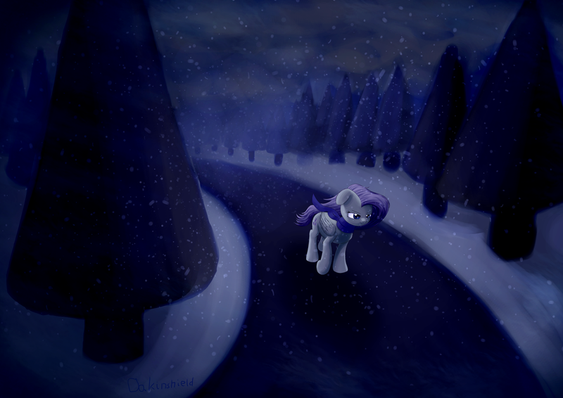 Size: 1920x1358 | Tagged: safe, artist:shaliwolf, derpibooru import, fluttershy, pegasus, pony, alone, clothes, cold, female, forest, mare, monochrome, night, scarf, scenery, snow, snowfall, solo, tree, walk, winter