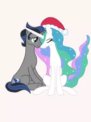 Size: 2048x2732 | Tagged: safe, artist:justsomepainter11, derpibooru import, king sombra, princess celestia, alicorn, pony, unicorn, celestibra, christmas, female, good king sombra, hat, holiday, image, jpeg, male, santa hat, shipping, simple background, smiling, sombra's cutie mark, straight