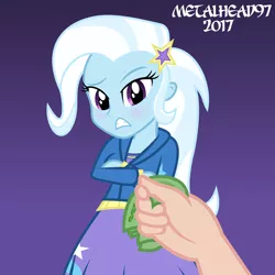 Size: 3500x3500 | Tagged: safe, artist:metalhead97, derpibooru import, trixie, equestria girls, blushing, implied prostitution, money, offscreen character, questioning, show accurate