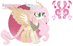 Size: 1024x652 | Tagged: artist:kazziepones, cutie mark background, derpibooru import, draconequus, draconequus oc, female, hybrid, interspecies offspring, music notes, oc, offspring, parent:discord, parent:fluttershy, parents:discoshy, reference sheet, safe, simple background, solo, transparent background, unofficial characters only