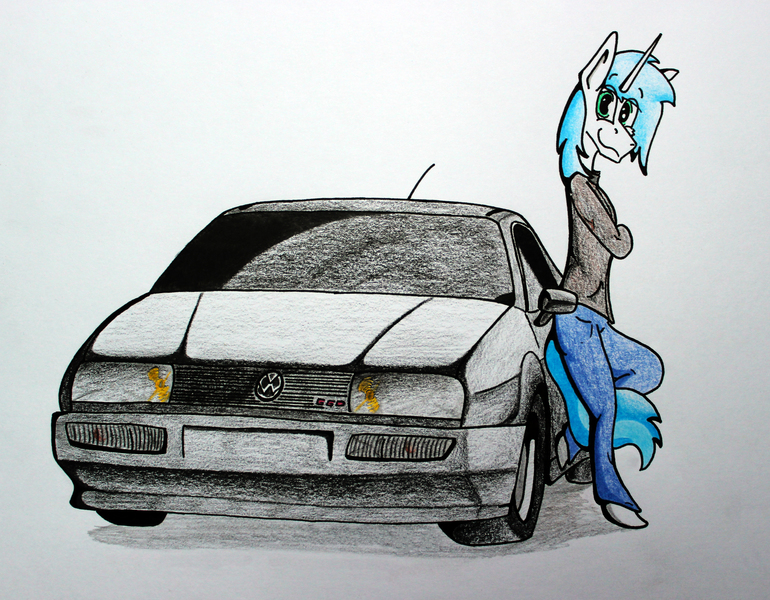 Size: 4208x3280 | Tagged: safe, artist:bumskuchen, derpibooru import, oc, oc:shifting gear, unofficial characters only, anthro, unguligrade anthro, unicorn, car, solo, traditional art, volkswagen, volkswagen corrado