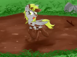 Size: 3385x2505 | Tagged: safe, artist:pzkratzer, derpibooru import, derpy hooves, pegasus, pony, :p, dirty, mud, mud play, mud river, muddy, playing, silly, smiling, solo, tongue out, wet and messy