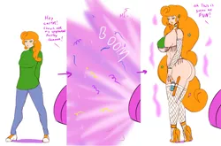 Size: 2460x1620 | Tagged: artist:annon, ass, bimbo, bimboification, breast expansion, breasts, busty carrot top, butt, butt expansion, carrot top, clothes, derpibooru import, dialogue, female, golden harvest, growth, human, humanized, implied pinkie pie, panties, party cannon, solo, solo female, suggestive, thong, transformation, underwear