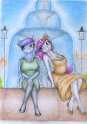 Size: 1637x2308 | Tagged: anthro, anthro oc, artist:sinaherib, clothes, derpibooru import, dress, female, fountain, mare, next generation, oc, oc:amber earring, oc:rainfall, offspring, parent:fancypants, parent:rainbow dash, parent:rarity, parent:soarin', parents:raripants, parents:soarindash, safe, sitting, smiling, traditional art, unofficial characters only