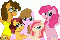 Size: 4096x2739 | Tagged: safe, artist:kindheart525, derpibooru import, cheese sandwich, pinkie pie, oc, oc:chocolate cheesecake, oc:confetti surprise, oc:cream jade, earth pony, pegasus, pony, kindverse, alternate hairstyle, cheesepie, family, female, glasses, looking at you, male, offspring, parent:cheese sandwich, parent:pinkie pie, parents:cheesepie, shipping, straight, twins