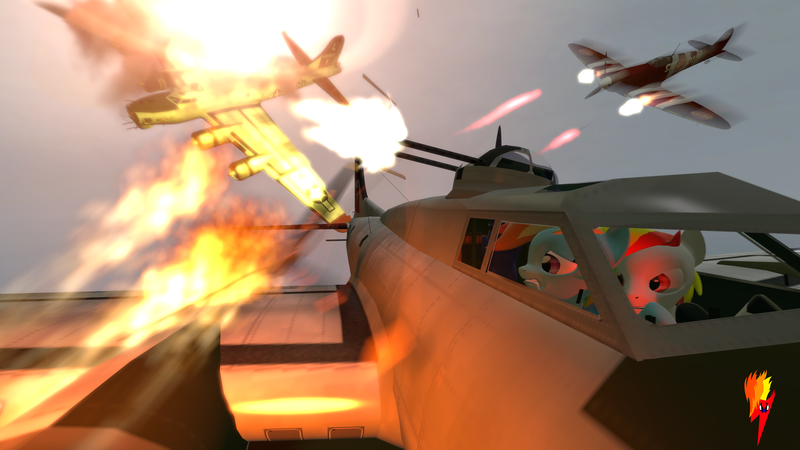 Size: 3840x2160 | Tagged: 3d, air battle, b-17 flying fortress, damaged, derpibooru import, engine, explosion, fanon, fighter, fire, oc, oc:fiery lightning, plane, rainbow dash, red eyes, red light, safe, sky, spitfire, turret, war