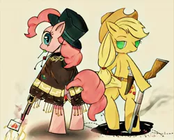 Size: 1080x872 | Tagged: applejack, artist:jawlo, bang, clint eastwood, clothes, cowboy hat, derpibooru import, food, gun, hat, looking at you, looking back, pinkie pie, poncho, popsicle, safe, serape, top hat, weapon