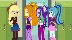 Size: 1280x712 | Tagged: safe, artist:3d4d, artist:mixiepie, derpibooru import, edit, edited screencap, screencap, adagio dazzle, applejack, aria blaze, sonata dusk, equestria girls, alternate universe, canterlot high, clothes, door, gem, hallway, lockers, siren gem, the dazzlings, traitor