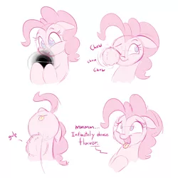 Size: 1000x1000 | Tagged: safe, artist:heir-of-rick, derpibooru import, pinkie pie, earth pony, pony, black hole, bust, chewing, colored sketch, dialogue, eating, edible heavenly object, female, floppy ears, gulp, how, mare, open mouth, pinkie being pinkie, pinkie physics, simple background, smiling, tangible heavenly object, this explains everything, tongue out, white background, xk-class end-of-the-world scenario