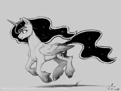 Size: 1200x900 | Tagged: safe, artist:amarynceus, deleted from derpibooru, derpibooru import, princess luna, alicorn, pony, cloven hooves, female, freckles, galloping, gray background, grayscale, mare, monochrome, simple background, smiling, solo, unshorn fetlocks