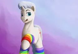 Size: 3000x2100 | Tagged: safe, artist:fynjy-87, derpibooru import, oc, oc:sweet candy, unofficial characters only, unicorn, clothes, male, rainbow, rainbow socks, raised hoof, socks, solo, striped socks