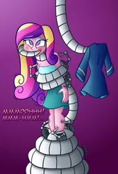 Size: 760x1120 | Tagged: suggestive, artist:snakeythingy, derpibooru import, princess cadance, equestria girls, blushing, bondage, breasts, coils, dean cadance, gagging, gradient background, muffled laughter, robotic arm, story included, tentacle bondage, tentacles, tickle torture, tickling