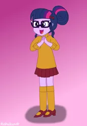 Size: 2200x3200 | Tagged: safe, artist:robukun, derpibooru import, sci-twi, twilight sparkle, equestria girls, clothes, glasses, hair bun, high heels, mary janes, pleated skirt, scooby doo, shoes, skirt, socks, sweater, velma dinkley