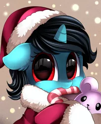 Size: 1446x1764 | Tagged: safe, artist:pridark, derpibooru import, oc, unofficial characters only, pony, bust, candy, candy cane, christmas, clothes, commission, cute, hat, holiday, looking at you, mouth hold, ocbetes, portrait, red eyes, santa hat, solo, teddy bear