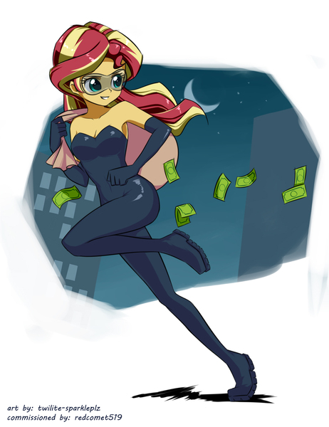 Size: 1000x1300 | Tagged: safe, artist:twilite-sparkleplz, derpibooru import, sunset shimmer, equestria girls, armpits, bag, bare shoulders, bodysuit, cat burglar, clothes, commission, evening gloves, female, gloves, long gloves, looking back, money, out of character, raised leg, running, skintight clothes, sleeveless, smiling, solo, strapless, thief, visor