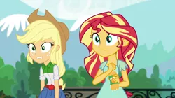 Size: 1280x717 | Tagged: safe, derpibooru import, screencap, applejack, sunset shimmer, dance magic, equestria girls, spoiler:eqg specials, belt, beverage, bottle, clothes, cowboy hat, denim skirt, freckles, hat, skirt, stetson