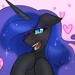 Size: 750x750 | Tagged: safe, artist:its-gloomy, derpibooru import, nightmare moon, alicorn, pony, blushing, ethereal mane, fangs, female, floppy ears, heart, looking at you, mare, one eye closed, smiling, solo, starry mane, wink