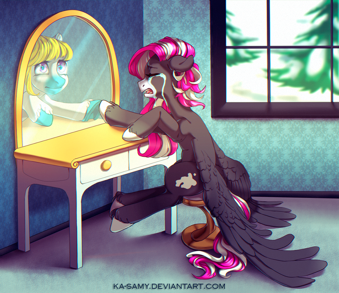 Size: 1100x951 | Tagged: safe, artist:ka-samy, derpibooru import, oc, unofficial characters only, pegasus, pony, crying, eyes closed, female, floppy ears, indoors, mare, mirror, sad, sitting, solo, vanity, window