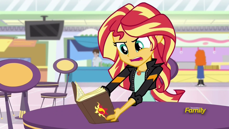 Size: 1920x1080 | Tagged: safe, derpibooru import, screencap, golden hazel, sunset shimmer, equestria girls, mirror magic, spoiler:eqg specials, book, discovery family logo