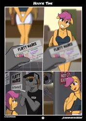 Size: 905x1280 | Tagged: adorasexy, anthro, artist:jcosneverexisted, belly button, bouncer, breasts, busty scootaloo, chest fluff, clothes, comic, comic:hoofie time, cute, derpibooru import, fake id, female, floppy ears, midriff, nailed it, pegasus, scootaloo, security guard, sexy, shorts, skirt, smiling, socks, suggestive, sweat, sweatdrop, tanktop
