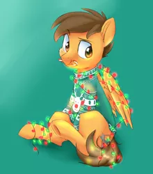 Size: 2626x2978 | Tagged: safe, artist:pucksterv, derpibooru import, oc, oc:compylight, unofficial characters only, pegasus, pony, christmas, christmas lights, clothes, commission, green background, holiday, male, mouth hold, simple background, sitting, solo, underhoof