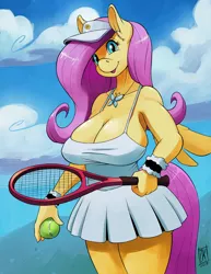 Size: 618x800 | Tagged: anthro, artist:zwitterkitsune, ball, big breasts, bracelet, breasts, busty fluttershy, cleavage, clothes, cute, derpibooru import, female, fluttershy, huge breasts, jewelry, looking at you, miniskirt, open mouth, pleated skirt, skirt, solo, solo female, sports, suggestive, tanktop, tennis, tennis ball, tennis racket, thighs