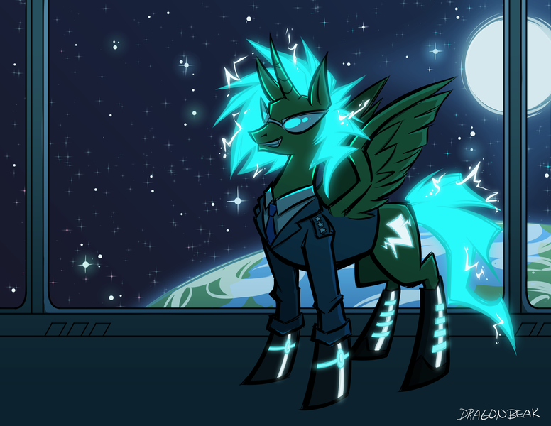 Size: 3300x2550 | Tagged: alicorn, alicorn oc, blue, derpibooru import, glasses, green, lightning, moon, new lunar republic, oc, oc:lightning spark, planet, safe, space, spaceship, stars, unofficial characters only