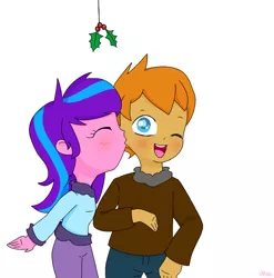 Size: 880x889 | Tagged: safe, artist:chautung, derpibooru import, oc, oc:chaos control, oc:melody aurora, unofficial characters only, human, hybrid, equestria girls, blushing, chaody, female, holly, holly mistaken for mistletoe, interspecies offspring, kiss on the cheek, kissing, male, oc x oc, offspring, offspring shipping, one eye closed, parent:discord, parent:flash sentry, parent:fluttershy, parent:twilight sparkle, parents:discoshy, parents:flashlight, shipping, signature, straight, winter outfit