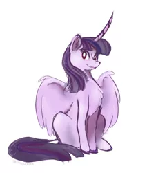 Size: 578x680 | Tagged: safe, artist:ximsketchs, derpibooru import, twilight sparkle, twilight sparkle (alicorn), alicorn, pony, chest fluff, colored hooves, curved horn, ear fluff, female, looking at you, mare, simple background, sitting, smiling, solo, spread wings, white background, wings