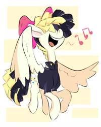 Size: 1000x1250 | Tagged: safe, artist:pencilsandstencils, derpibooru import, songbird serenade, pegasus, pony, my little pony: the movie, abstract background, bow, clothes, female, flying, hair bow, hair over eyes, mare, music notes, open mouth, singing, smiling, solo, spread wings, wings