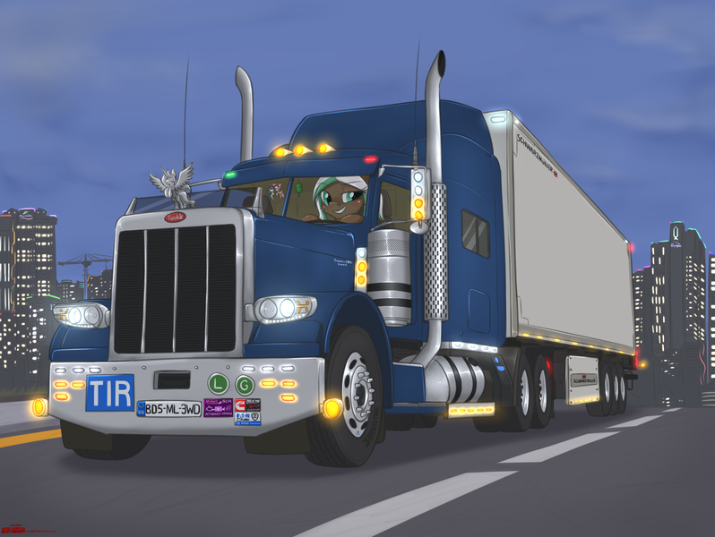 Size: 2500x1880 | Tagged: safe, artist:orang111, derpibooru import, oc, oc:lynn, oc:seafoam, oc:sweet skies, unofficial characters only, pony, city, driving, female, fixed, mare, peterbilt, peterbilt 389, semi truck, smiling, solo, truck