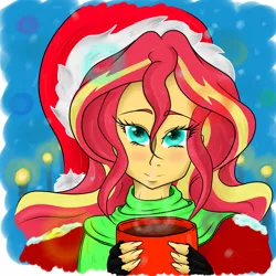 Size: 3000x3000 | Tagged: safe, artist:albertbm, derpibooru import, sunset shimmer, equestria girls, chocolate, christmas, clothes, female, fingerless gloves, gloves, happy holidays, hat, holiday, hot chocolate, santa hat, solo, winter outfit