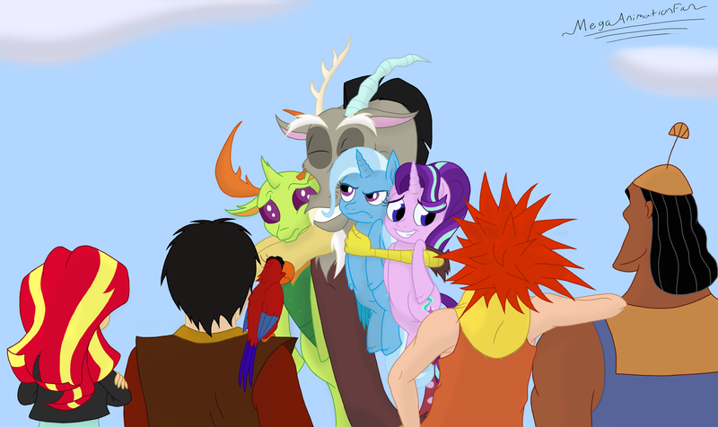 Size: 2874x1709 | Tagged: safe, artist:megaanimationfan, derpibooru import, discord, starlight glimmer, sunset shimmer, thorax, trixie, changedling, changeling, equestria girls, aladdin, annoyed, avatar the last airbender, axel, crossover, disney, hug, iago, king thorax, kingdom hearts, kronk, lea, reformed, reformed four, reformed villain, signature, the emperor's new groove, zuko